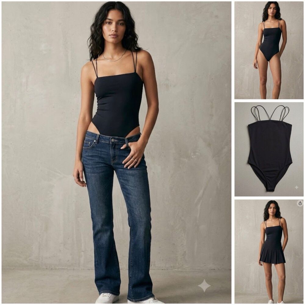 Reyna  Ribbed Bodysuit Women Small Black Thin Straps Snap Button (S) Small